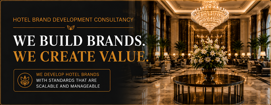 Banner for a hotel brand development consultancy featuring a luxurious hotel lobby with a chandelier; headline reads 'We Build Brands. We Create Value.' with a subtitle about scalable hotel brands.