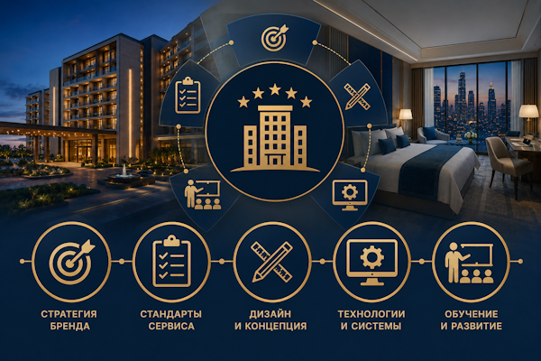 Infographic overlay on a hotel exterior and interior showing hotel management pillars: brand strategy, service standards, design and concept, technologies and systems, and training and development, centered around a building icon.
