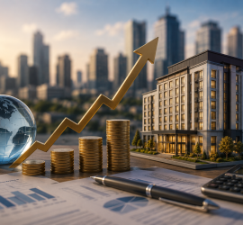Global real estate investment growth: globe, rising coin stacks, and a golden upward arrow beside a miniature building on a desk.