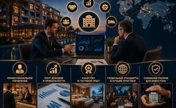 third-party-management-1 | GNC Hospitality Management Two businessmen in suits discuss at a conference table with a laptop showing charts; glowing circular icons and a world map in the background convey professional management, growth, quality service, global standards, and risk reduction.