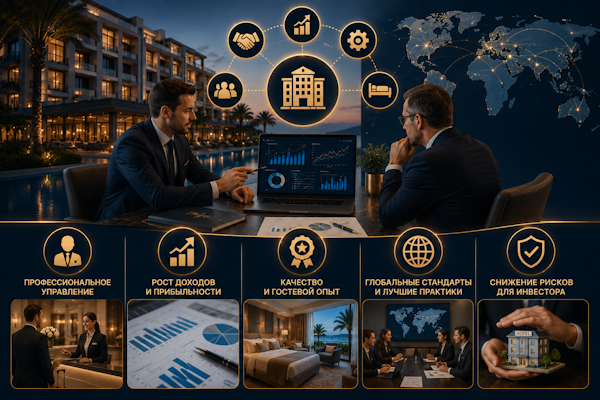 Two businessmen in suits discuss at a conference table with a laptop showing charts; glowing circular icons and a world map in the background convey professional management, growth, quality service, global standards, and risk reduction.