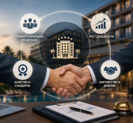 Two businesspeople shake hands over a contract, surrounded by icons for professional management, profit growth, quality standards, and partnership around a central building.