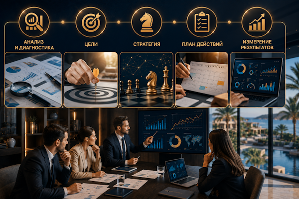 Infographic of a five-step business workflow—Analysis, Goals, Strategy, Action Plan, and Results—above a row of related images, with a team reviewing dashboards in a glass-walled meeting room.