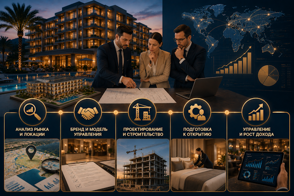Three professionals review blueprints at a luxury hotel project; background shows a globe map and project dashboards.